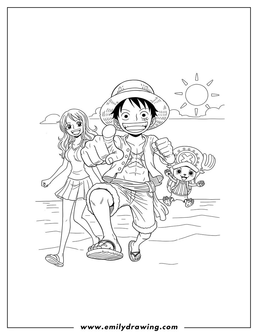 Coloring page of luffy pointing with Nami and Tony Tony Chopper, all smiling