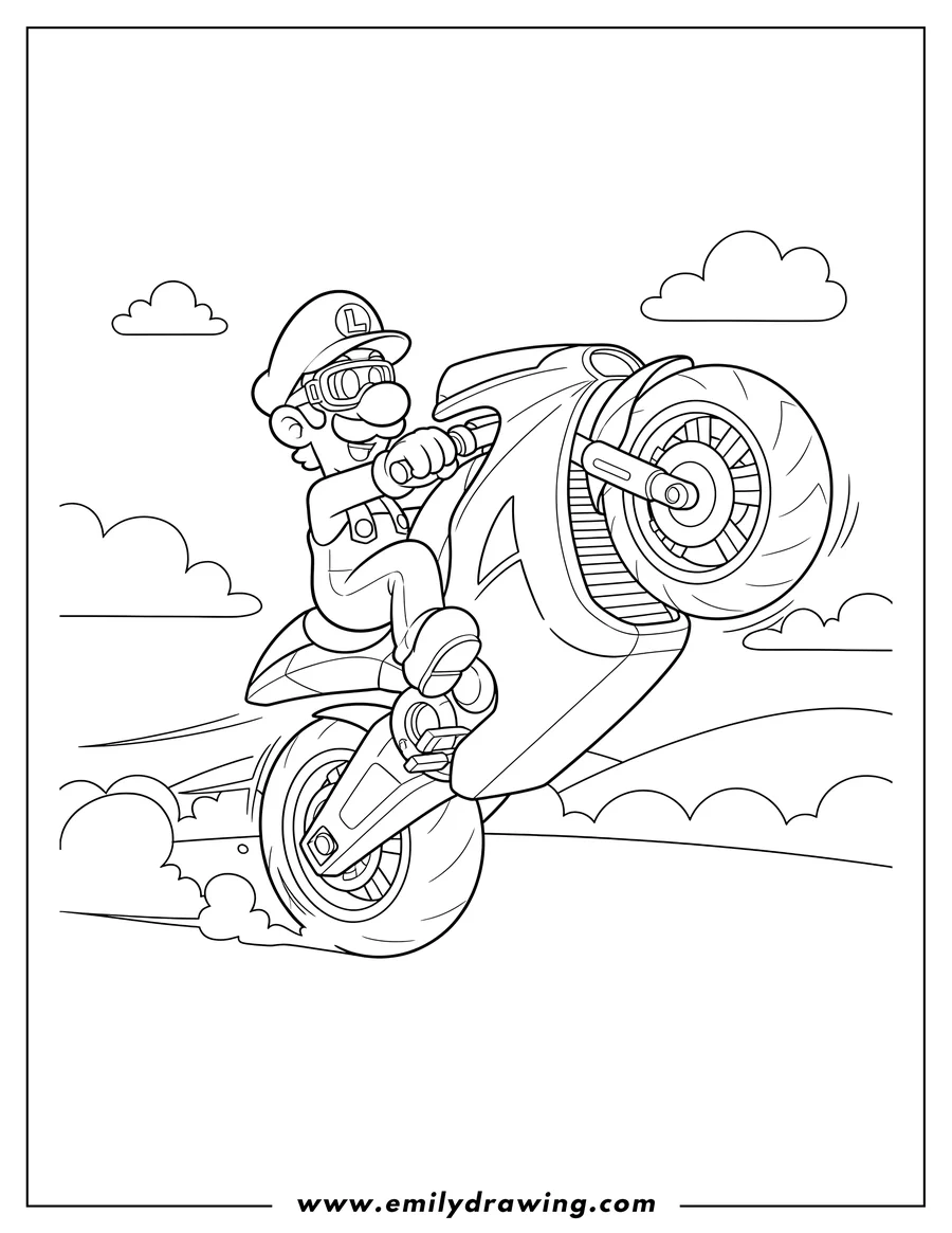 Full page coloring image of luigi from Mario Kart doing a wheelie on his motorbike