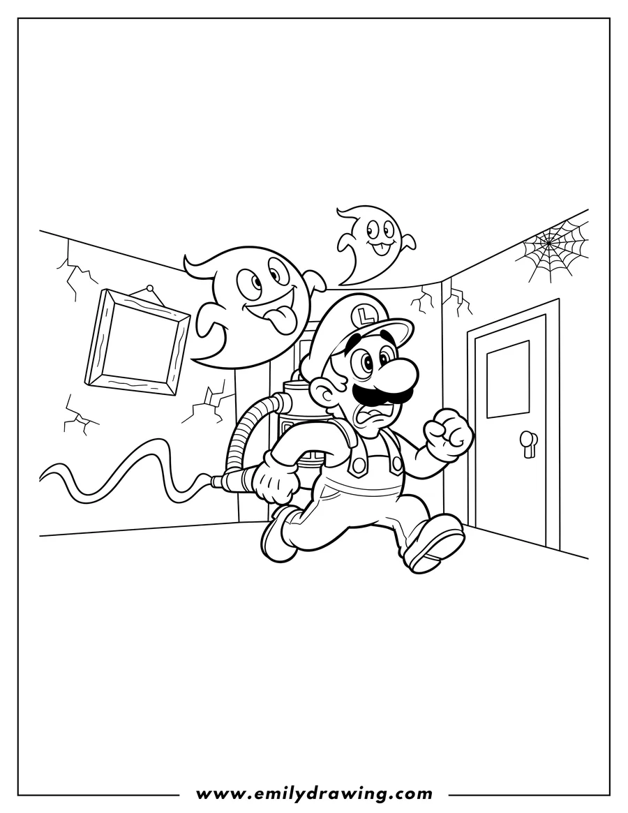 Vector style outline of luigi from Luigi's Mansion, scared and running from ghosts, with his Poltergust