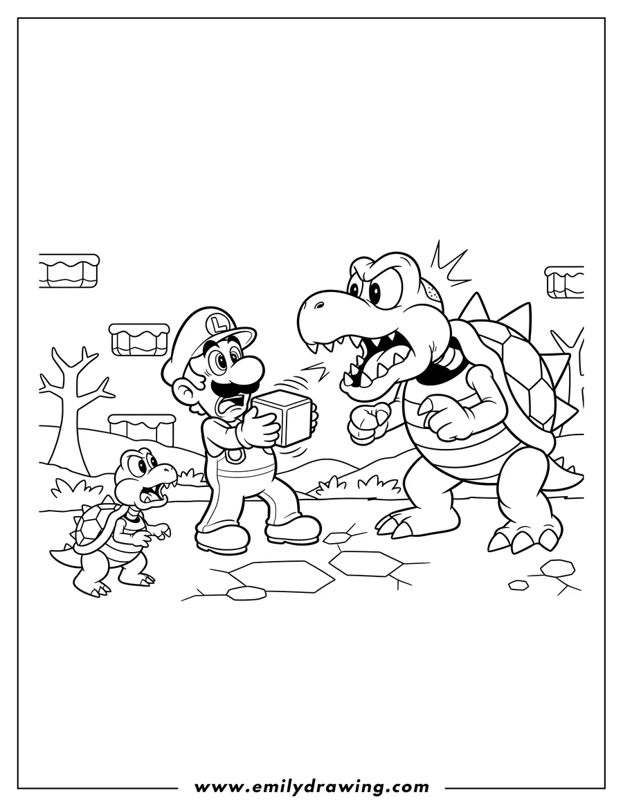 Vector style outline of luigi looking surprised and scared while holding a block, confronted by a large yelling Dry Bones Koopa, with a smaller Dry Bones Koopa nearby