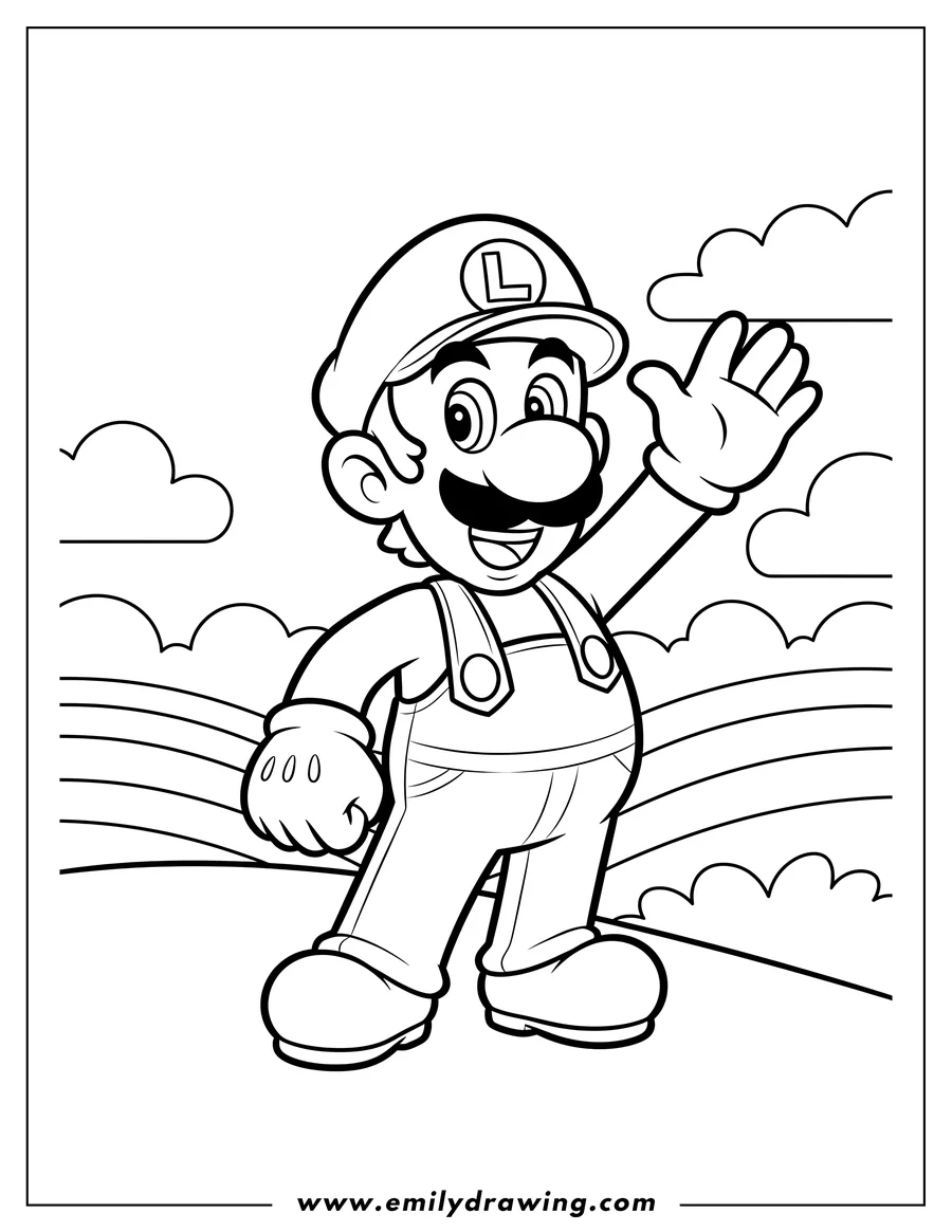 Coloring sheet featuring luigi from video games, smiling and waving