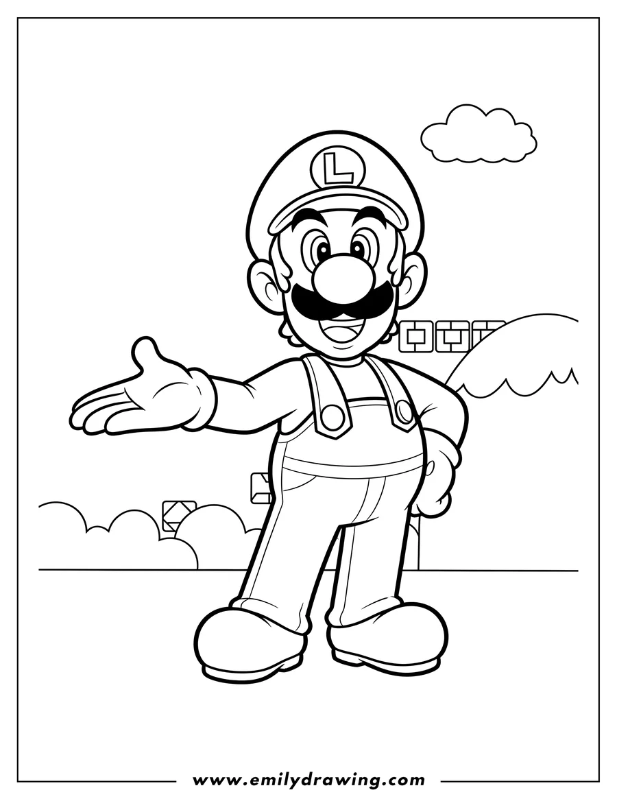 Outline drawing of luigi from Super Mario World standing, smiling, and gesturing with outstretched arm