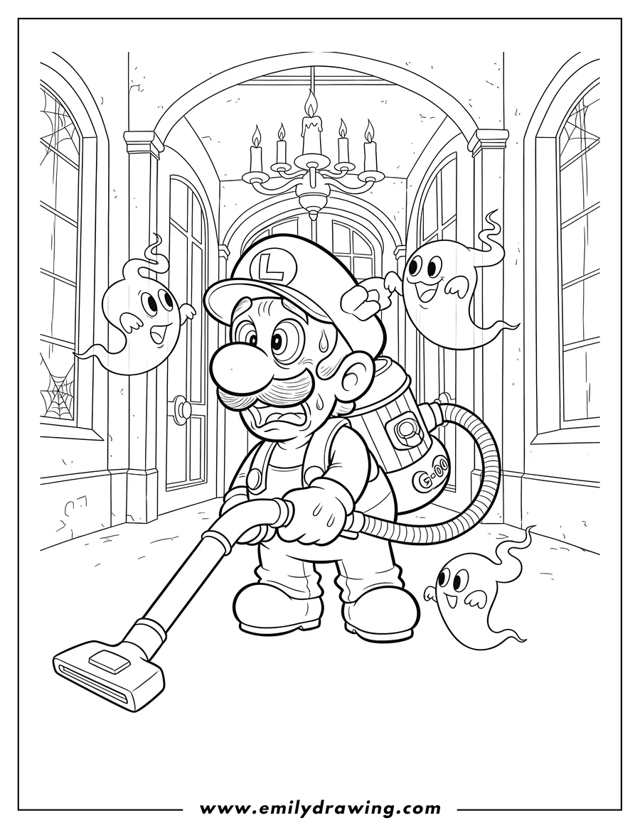 High quality printable luigi S Mansion Scaled, scared and holding a Poltergust for coloring