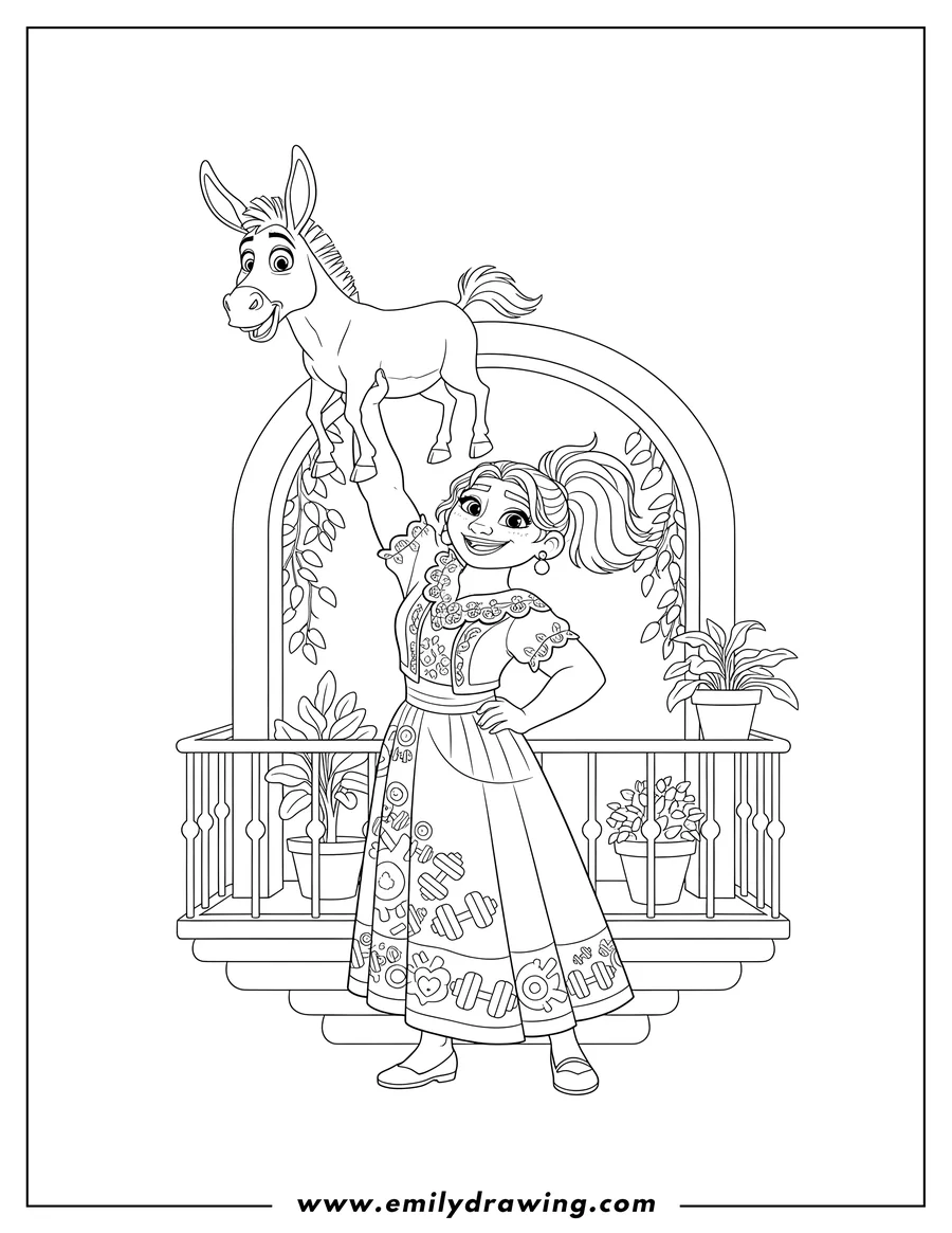 Coloring page for kids: luisa powerfully lifting a donkey overhead with one arm, flexing her bicep, on a Casita balcony