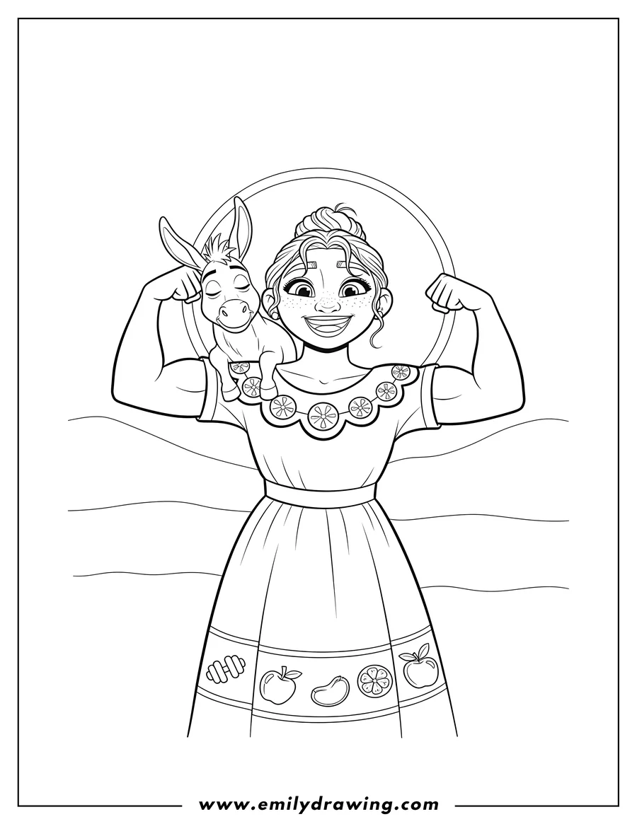 Linear illustration of simple Luisa smiling and flexing her bicep while carrying a donkey