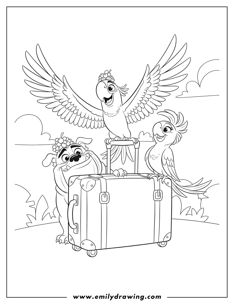 Full page coloring image of luiz, Jewel, and Blue with a suitcase, Blue standing on top with wide-spread wings, and Luiz peeking behind it with berries on his head