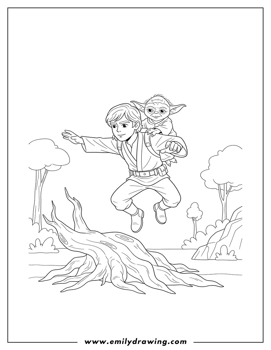 Coloring page for kids: luke Skywalker training with Yoda riding on his back