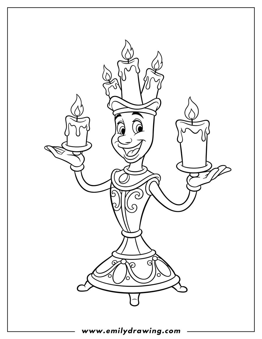 Printable coloring page of lumiere, a smiling candelabra holding lit candles