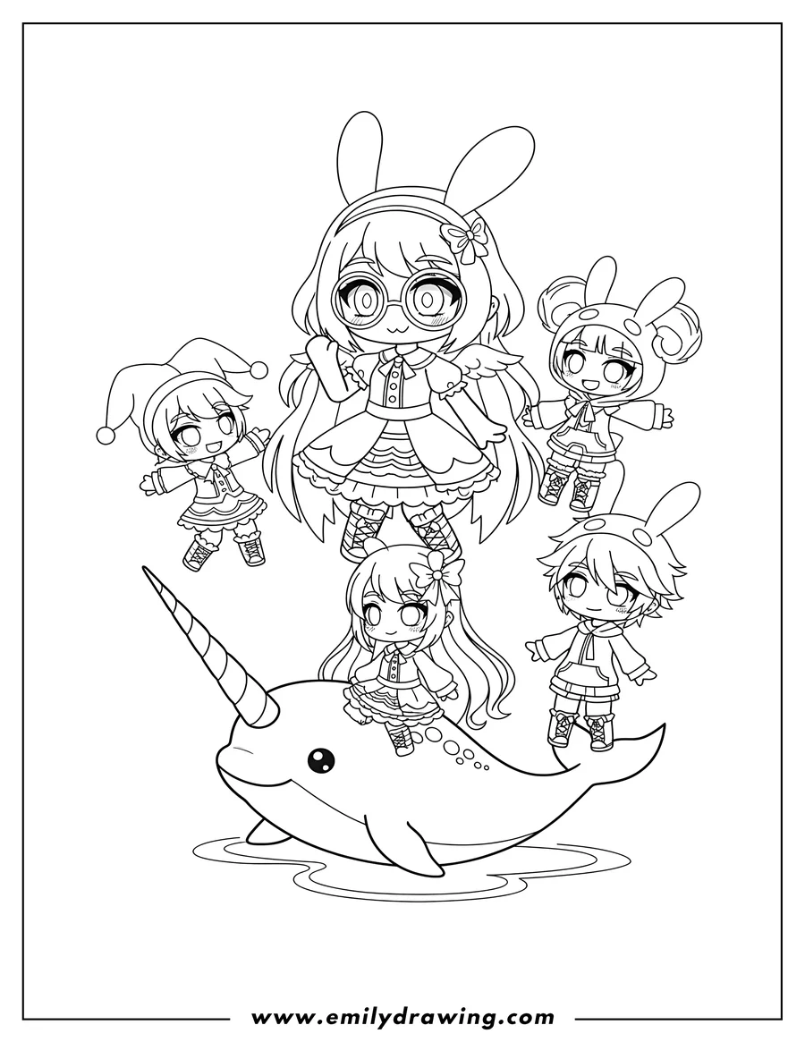 Downloadable coloring page of gacha Life characters Luni, Lado, Senpaibuns, Male Buns, and Charlotte Mei posing with a narwhal