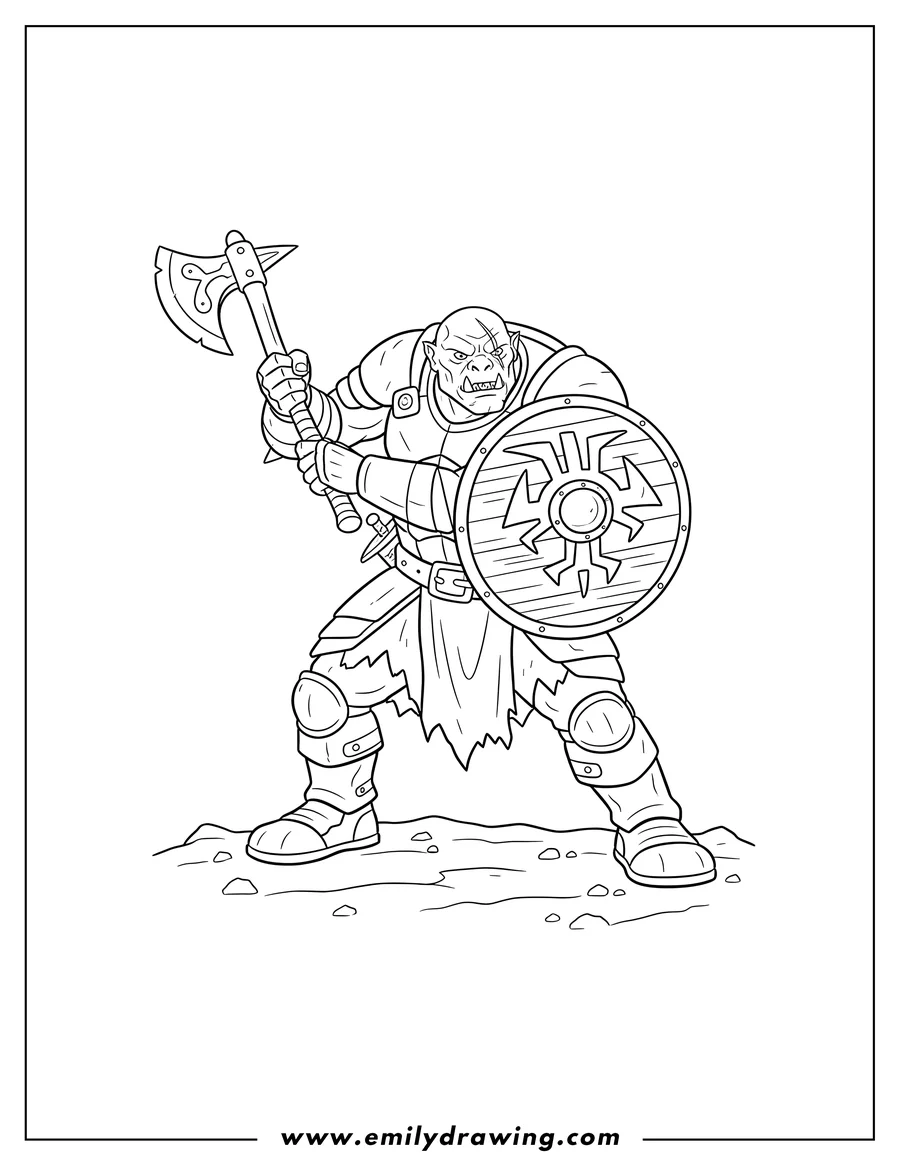 Simple sketch of lord Rings Lurtz swinging his axe and holding a shield to color