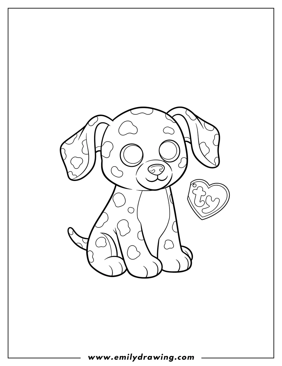 Linear illustration of luther Dalmatian Beanie Boo sitting with TY tag on paw