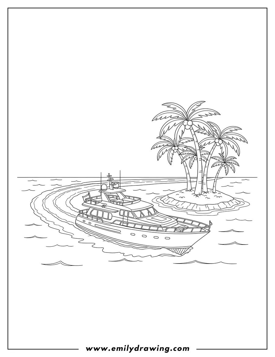 Printable line art of multi-deck Luxury Yacht creating a wake, cruising near a tropical island with palm trees, coloring page