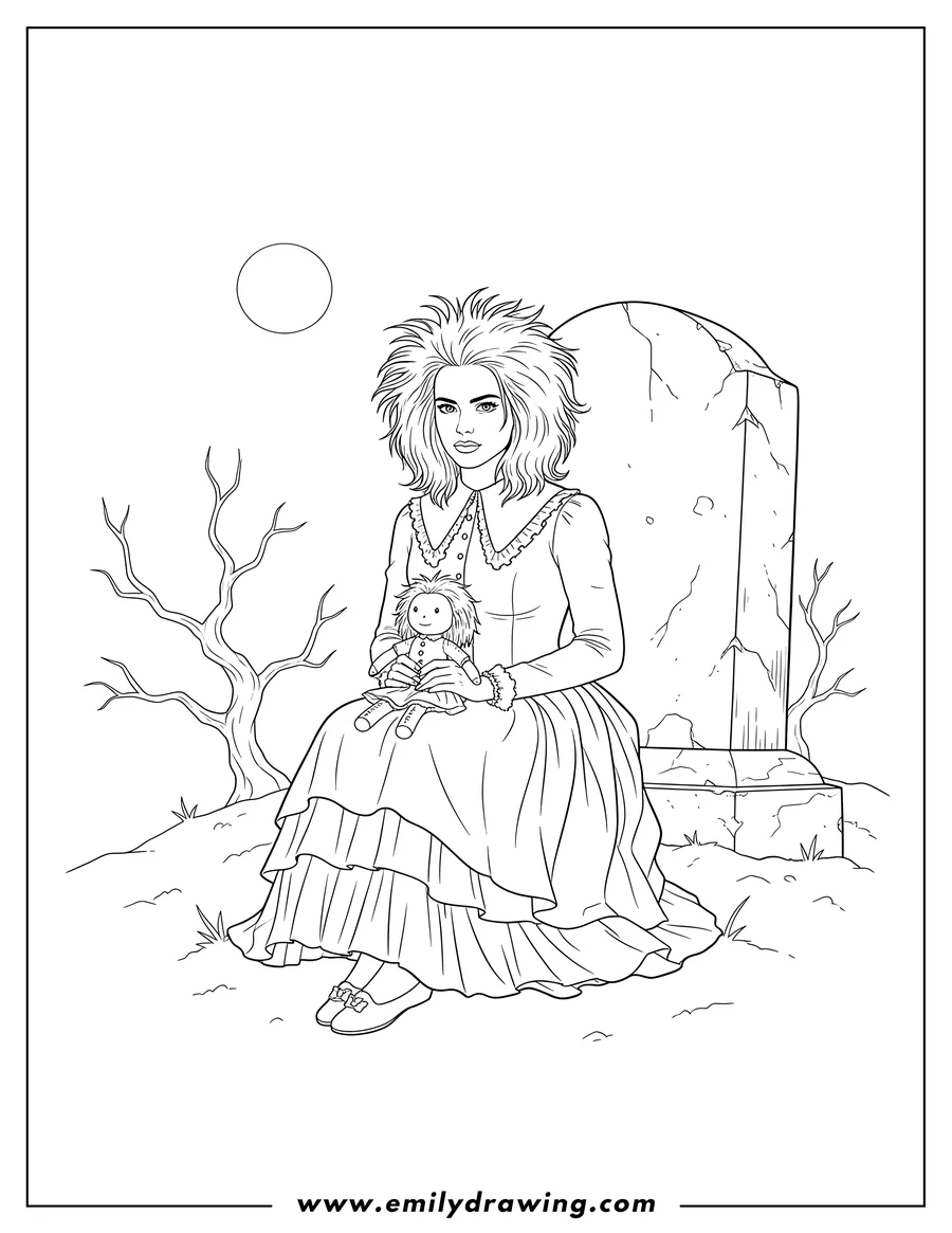 Printable line art of winona Ryder As Lydia Deetz Sitting Front Tombstone, holding a doll
