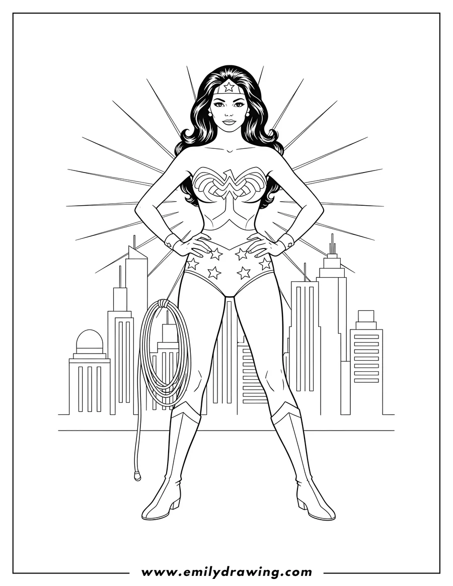 Downloadable coloring page of lynda Carter As Wonder Woman, standing with hands on hips and holding her lasso