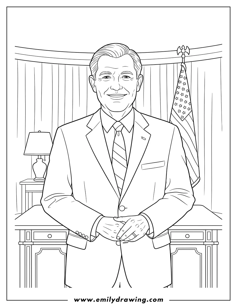 Outline drawing of president Lyndon B Johnson wearing a suit and tie