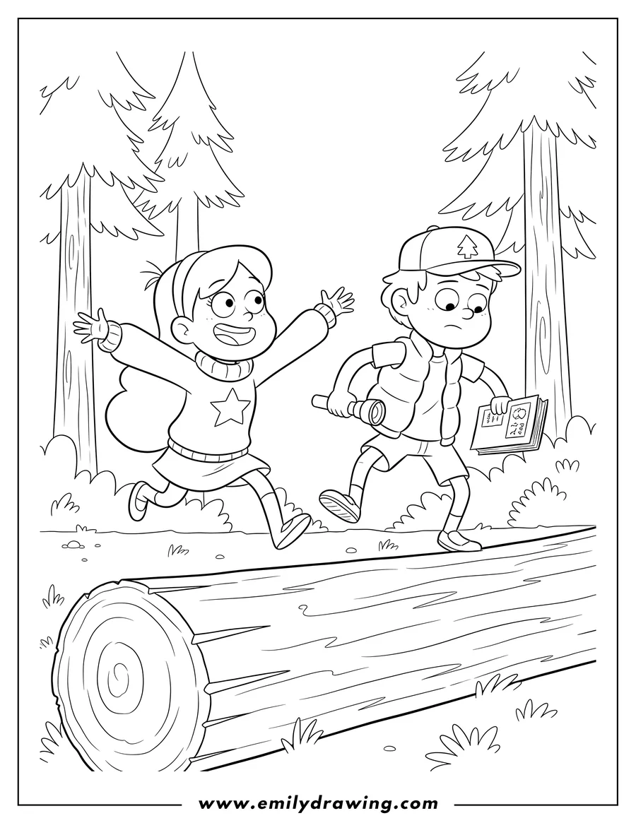 Vector style outline of gravity Falls Mabel running and Dipper carefully stepping over a large log
