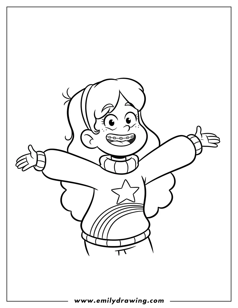 Coloring sheet featuring mabel Pines With Big Smile, wearing a sweater with a star and rainbow, and showing braces