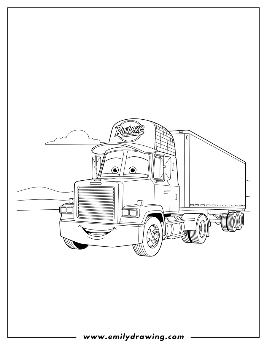 Coloring page of mack Hauler Truck wearing a Rust-eze hat and smiling