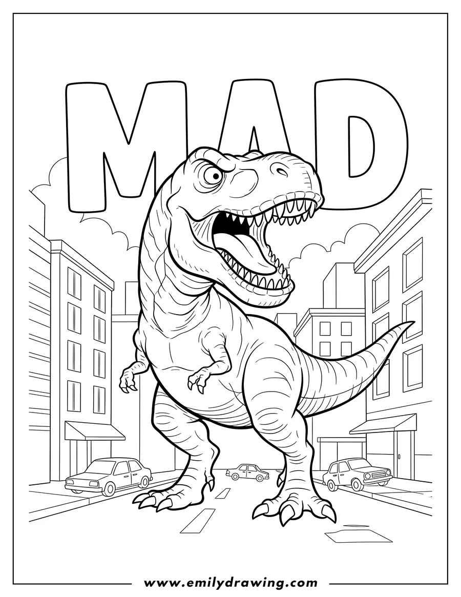 Printable line art of mad T-Rex dinosaur roaring in a city street with MAD text