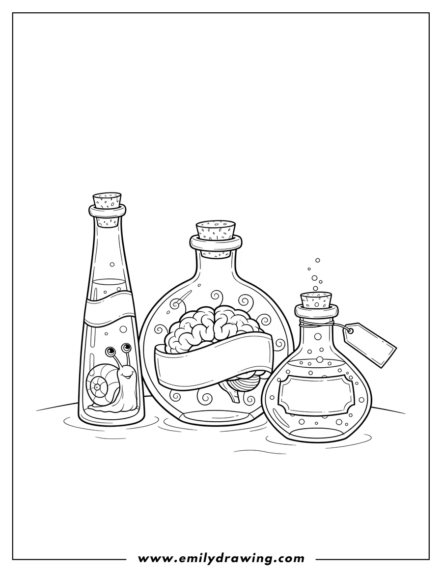 Simple sketch of magic Potion Bottles with a brain, a snail, and blank labels to color