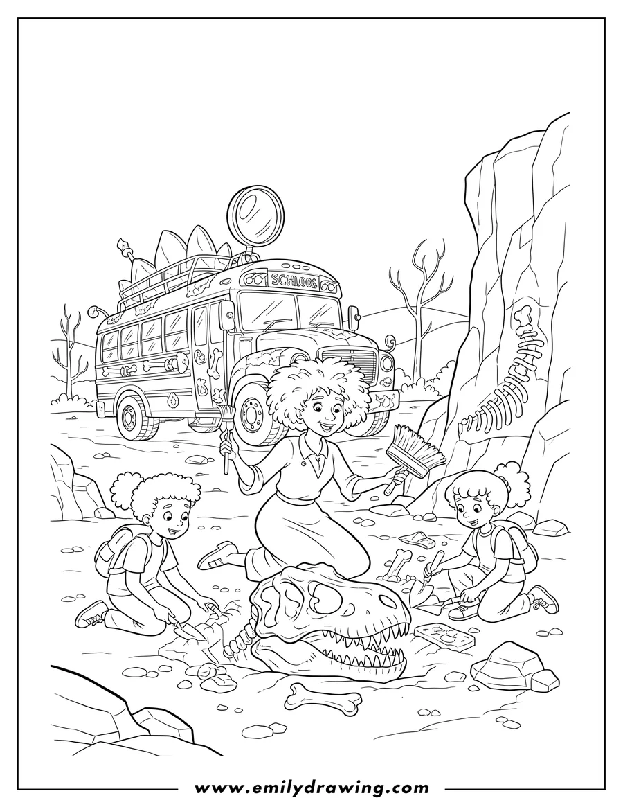 Outline drawing of magic School Bus Dinosaur Theme field trip, with Ms. Frizzle and students digging for dinosaur fossils