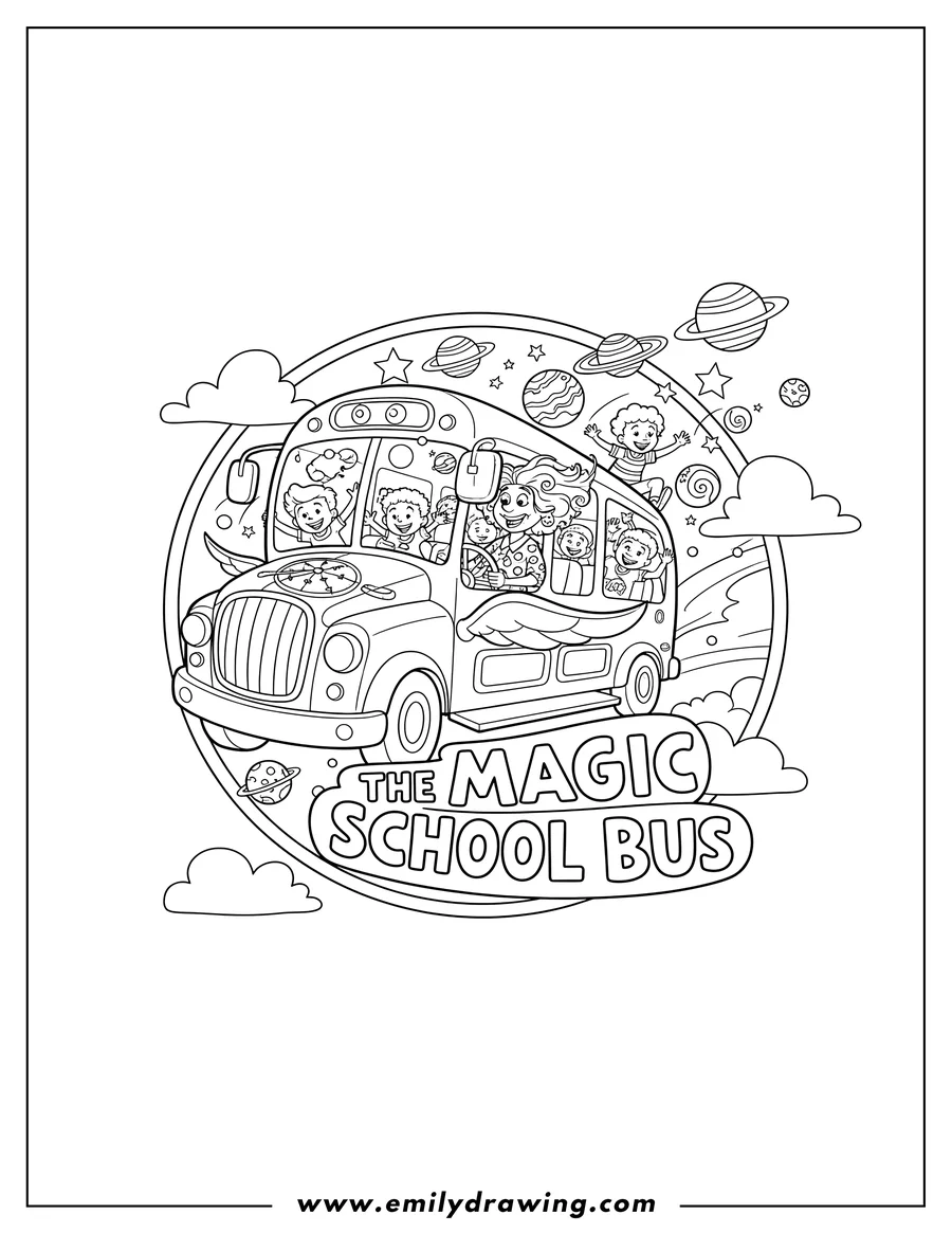 Downloadable coloring page of magic School Bus logo with Ms. Frizzle driving and kids flying in the bus
