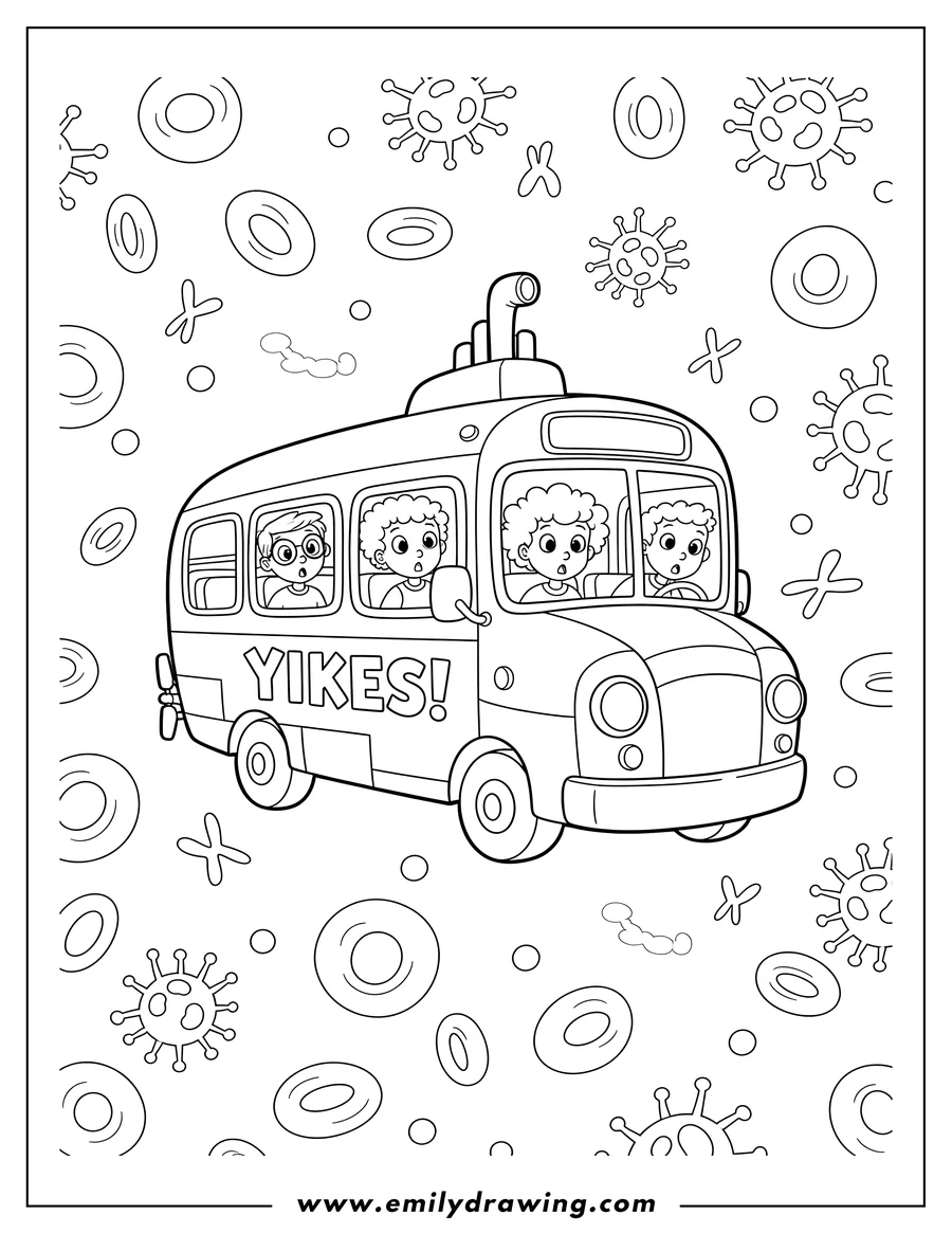 PDF style coloring page: magic School Bus with kids and Ms. Frizzle inside, looking out with surprised expressions, and YIKES! written on the bus, surrounded by red blood cells, white blood cells, and antibodies