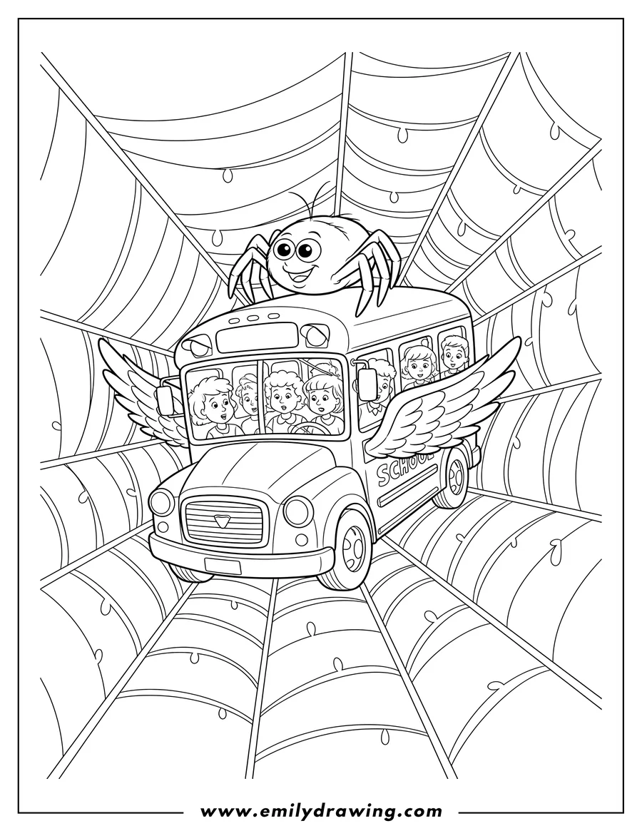 Free to print drawing of magic School Bus with wings and kids inside, with a large spider on top, trapped in a spider's web