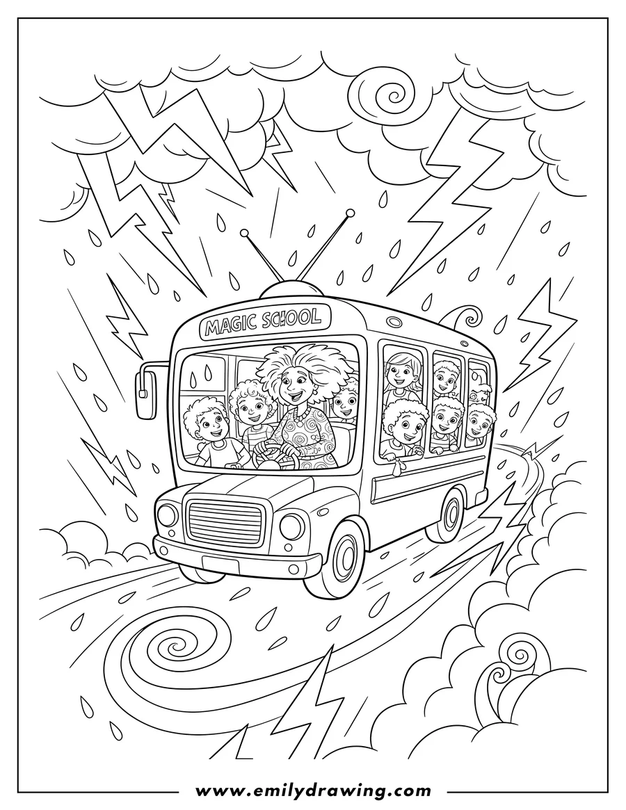 Coloring page of magic School Bus Tv with Ms. Frizzle driving students through a lightning storm