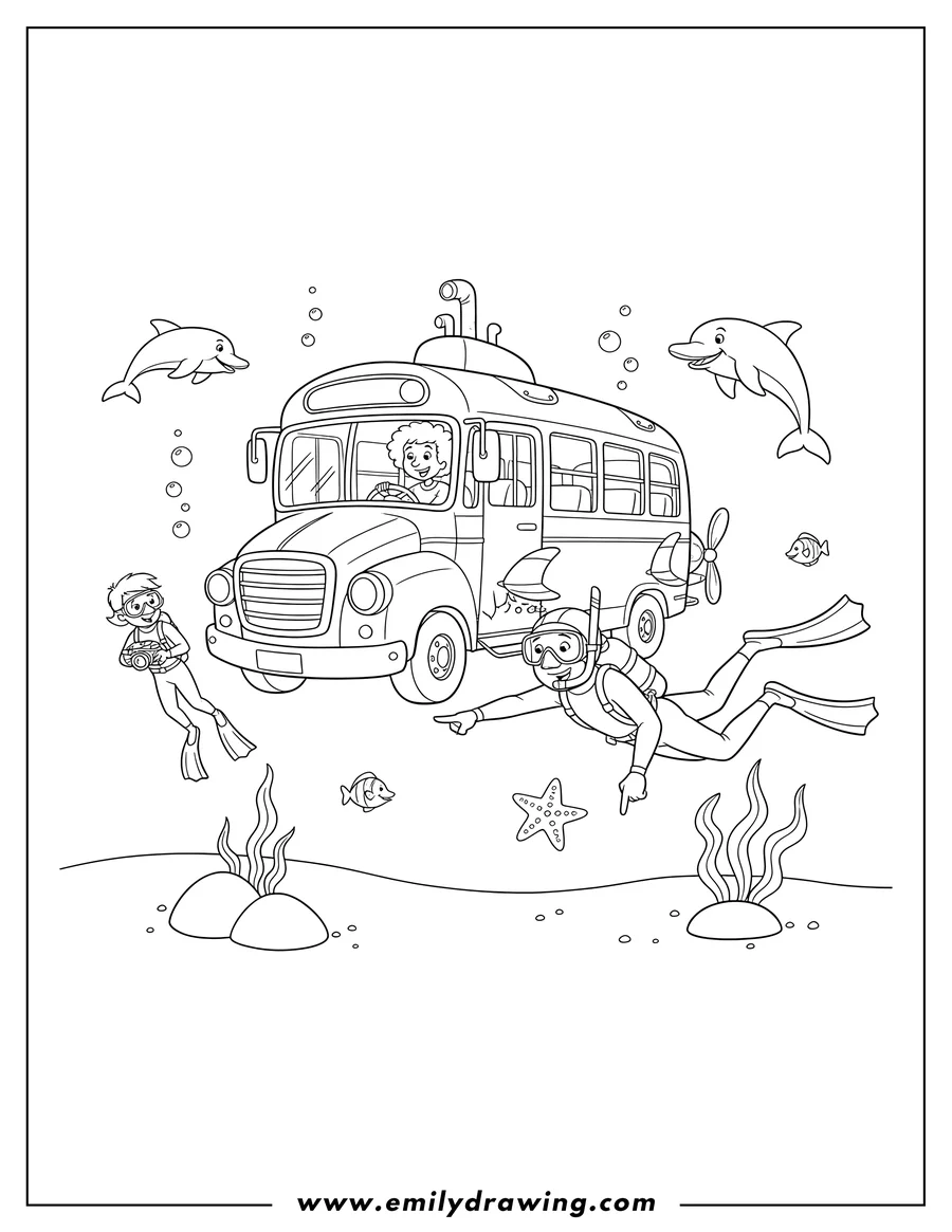 Coloring page of magic School Bus Underwater with two divers, one pointing and wearing fins and a mask