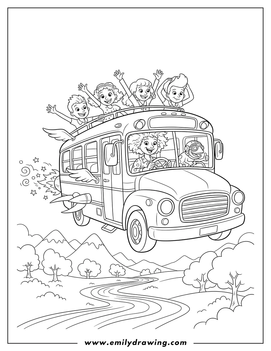 Coloring page for kids: easy Magic School Bus with Ms. Frizzle driving, Liz riding in the front, and students Carlos, Keesha, and Janet on a fun adventure