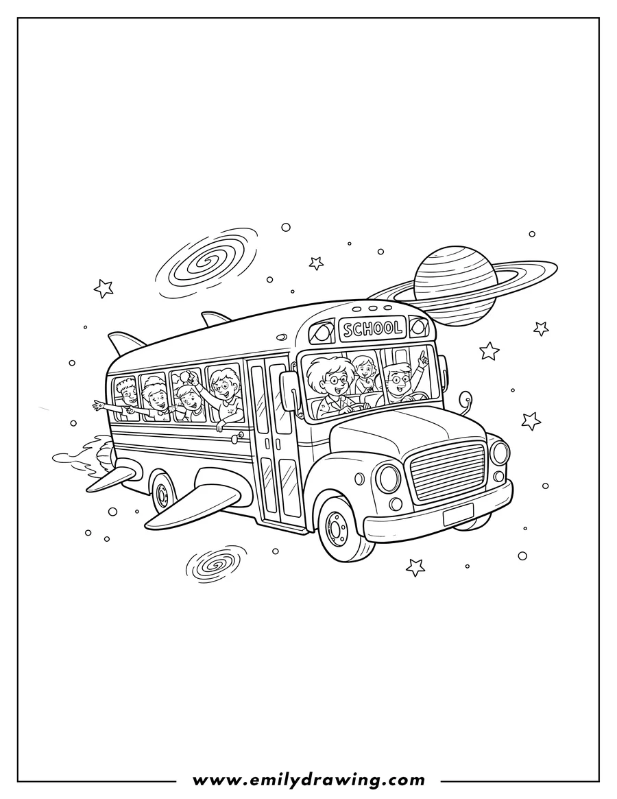 High quality printable magic School Bus with students flying past a ringed planet in outer space for coloring