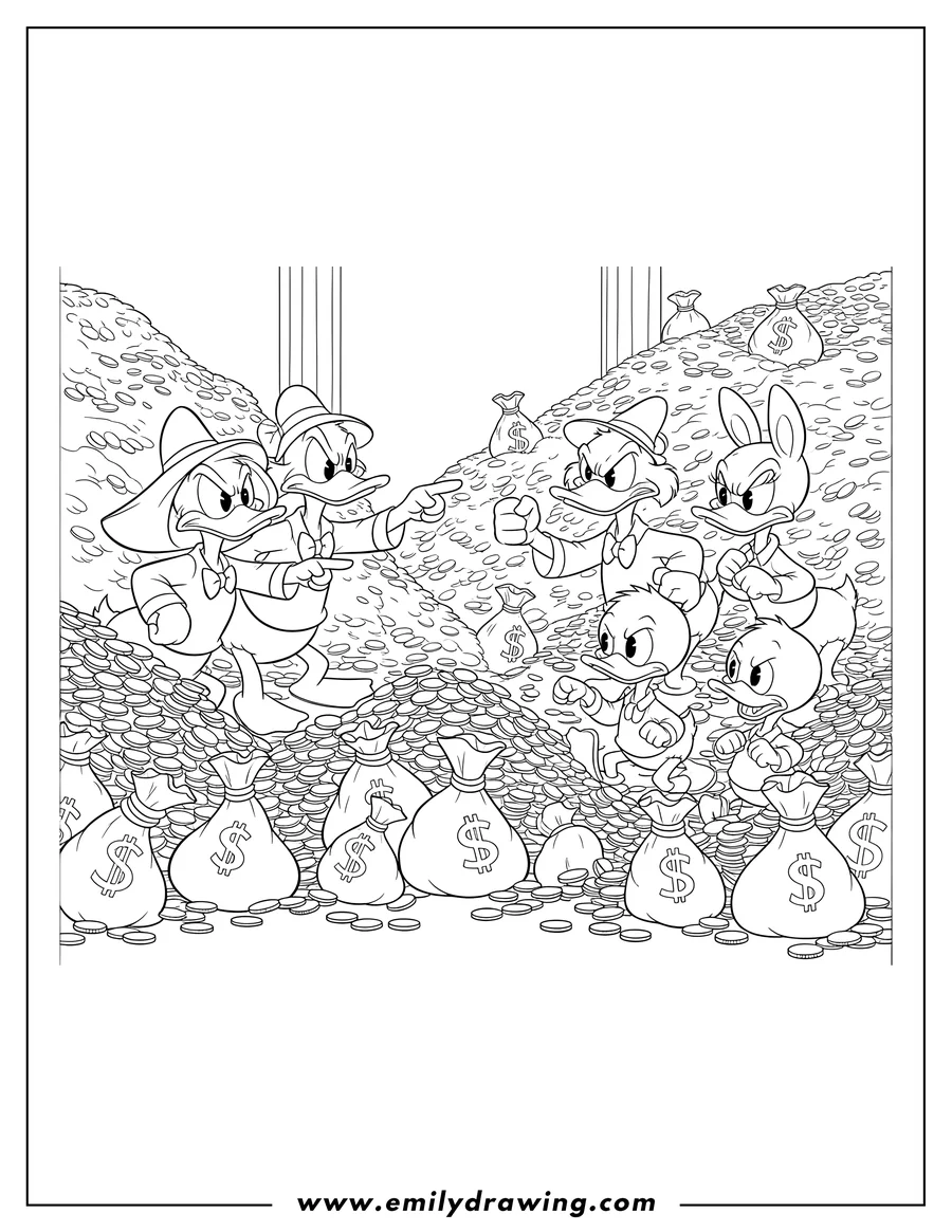 Printable line art of duck Tales Magica De Spell and Donald angrily confronting Scrooge, Webby, and the nephews among piles of coins