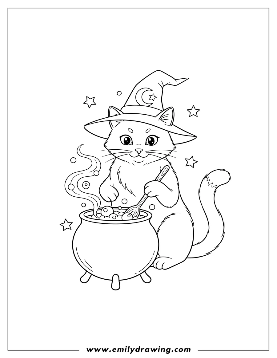 Vector style outline of magical Cat wearing a Witch Hat, intently stirring a bubbling cauldron with a spoon