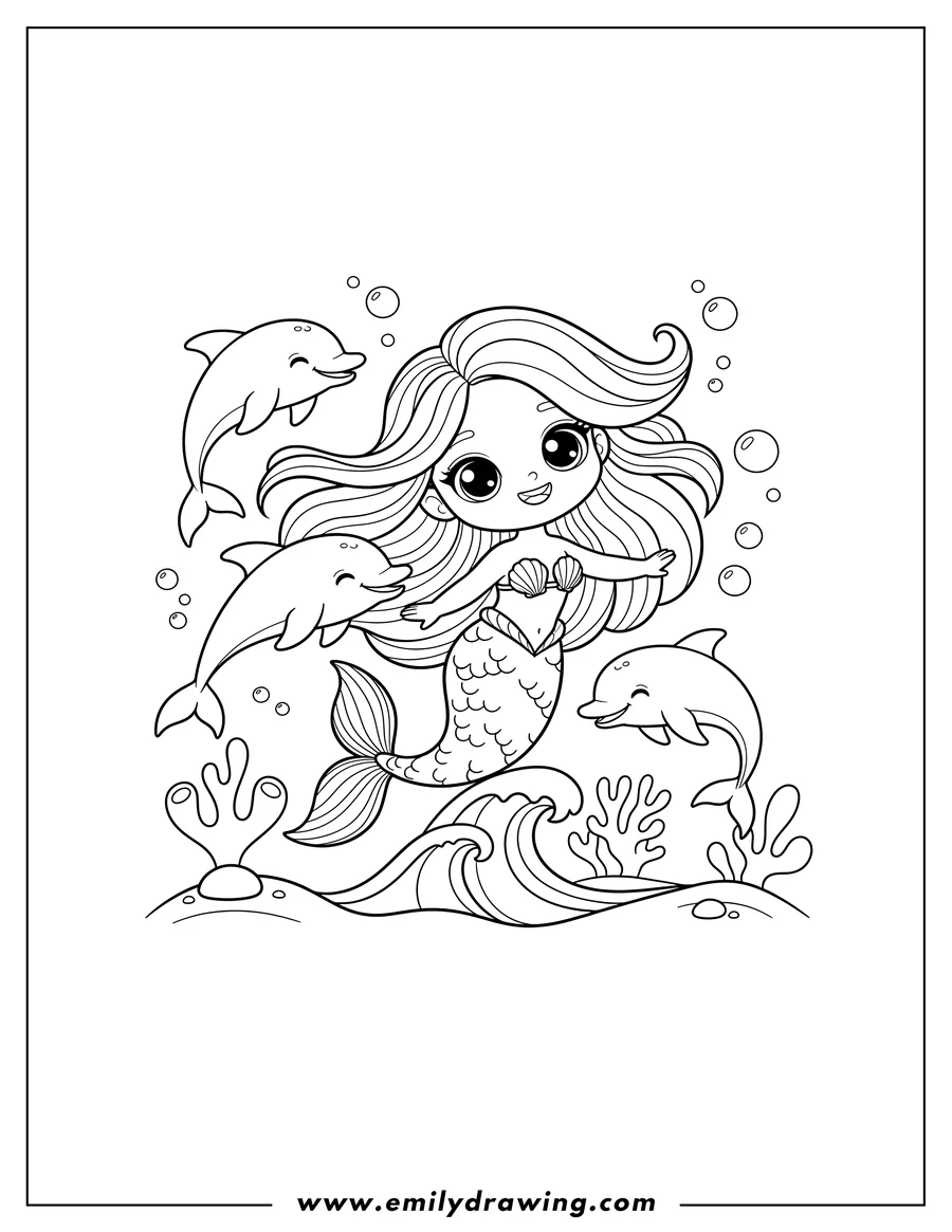 Black and white line art of magical Chibi Mermaid with long flowing hair, smiling and swimming playfully with three smiling dolphins under the sea