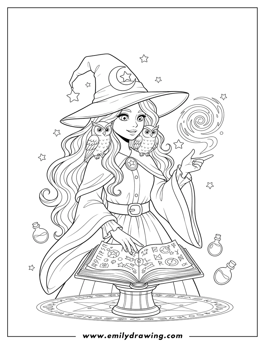 Coloring page of magical Girl in a witch hat with an owl, studying spells from an open book and pointing