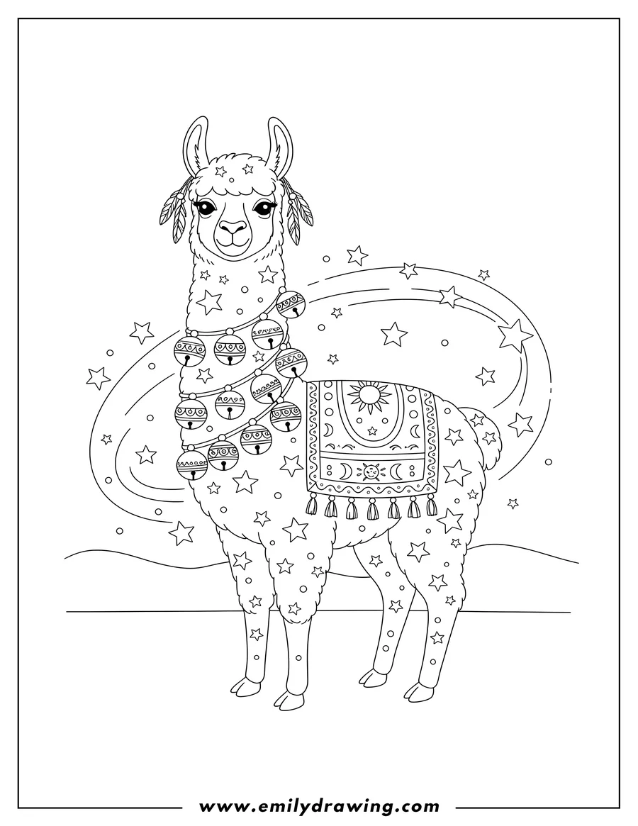 Doodle style coloring picture of magical Star Covered Llama wearing a festive bell garland and a decorated blanket
