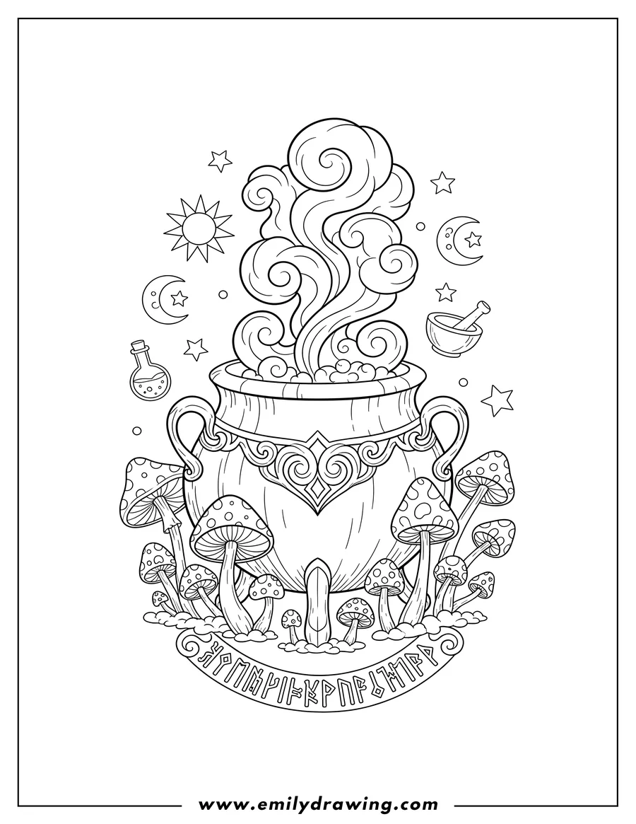 Coloring page for kids: magical Steaming Cauldron Surrounded by Mushrooms of various sizes with Alchemy Text