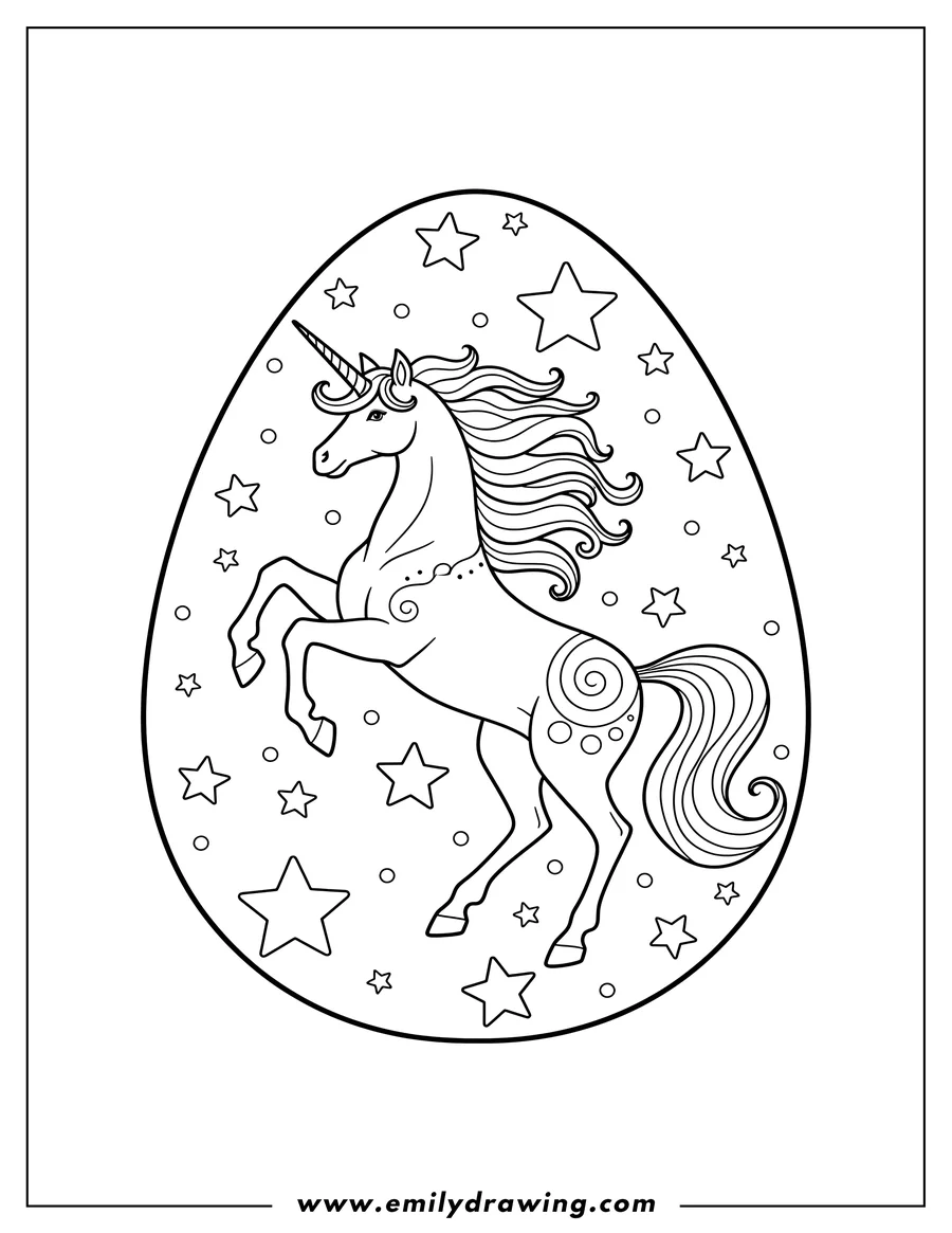 Vector style outline of magical Unicorn Easter Egg with a prancing unicorn and stars