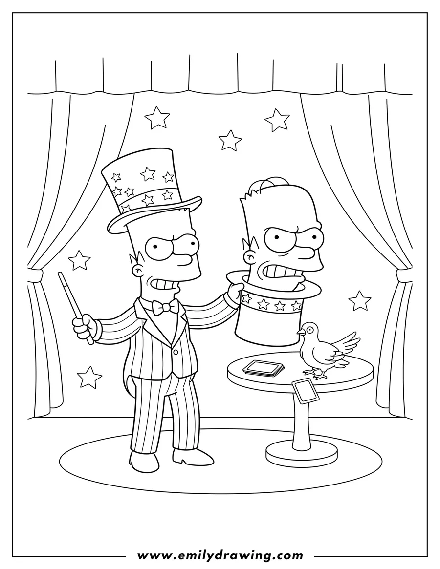 Free to print drawing of magician Bart Simpson in a tuxedo pulling angry Homer Simpson's head from a hat