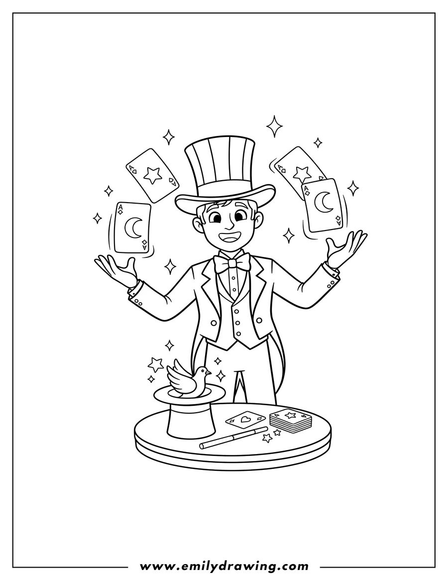 Coloring page for kids: magician in a top hat juggling playing cards