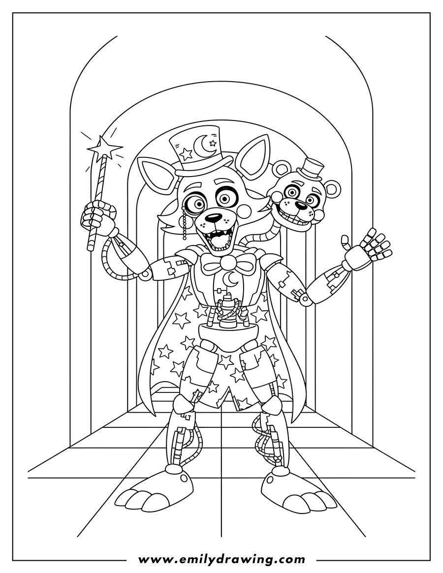 Linear illustration of magician Mangle posing with two heads, mangled body, and raised arms in a corridor