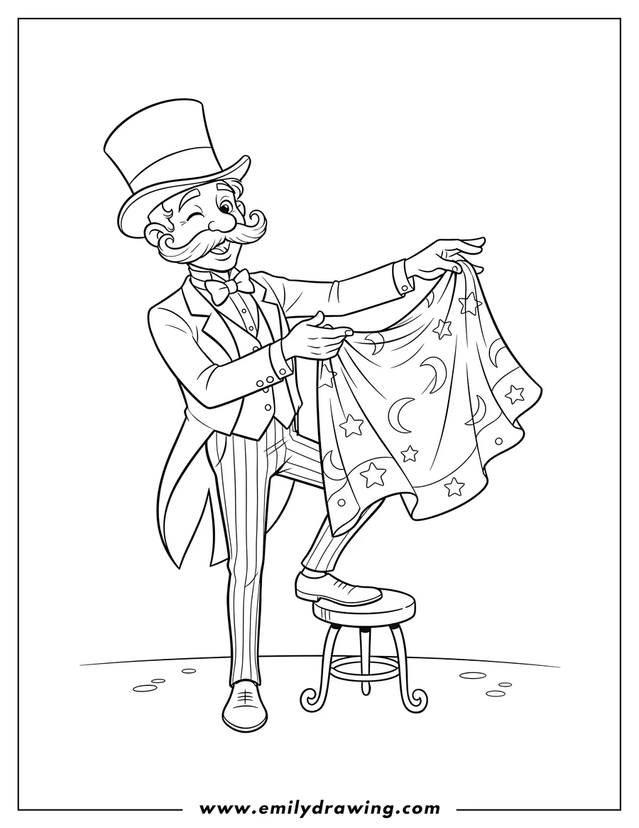 Vector style outline of magician With Mustache Holding Up Cloth, wearing a top hat and with one foot on a stool