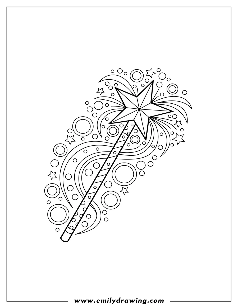 Linear illustration of magician S Wand With Starry Background and Circles