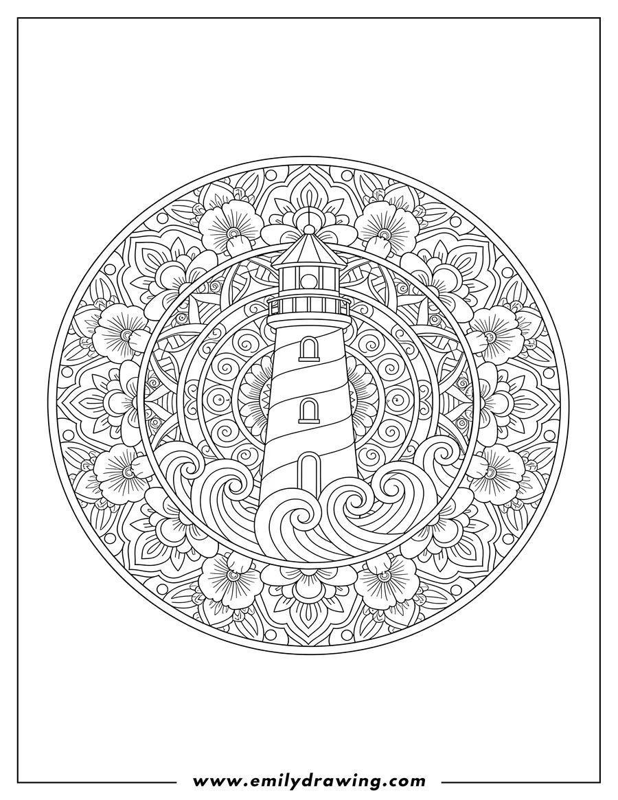 Free printable coloring sheet of magnificent lighthouse at the center of an intricate mandala, with waves and floral designs