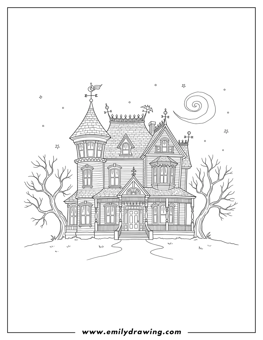 Doodle style coloring picture of beetlejuice Maitland Residence, a large Victorian house with a tower