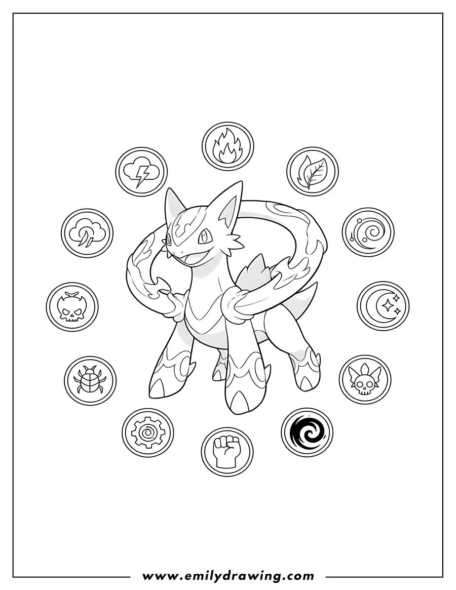 High quality printable majestic Arceus with a happy expression, surrounded by elemental symbols for coloring