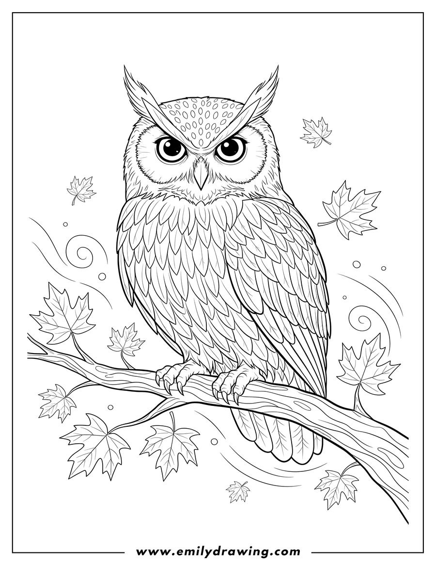 Linear illustration of majestic Autumn Owl with ear tufts, looking directly, perched on a branch with maple leaves