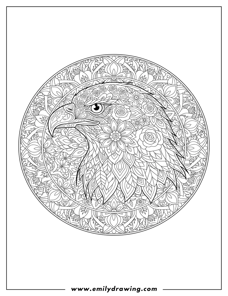 Doodle style coloring picture of majestic Bald Eagle head in profile Mandala With Floral Patterns