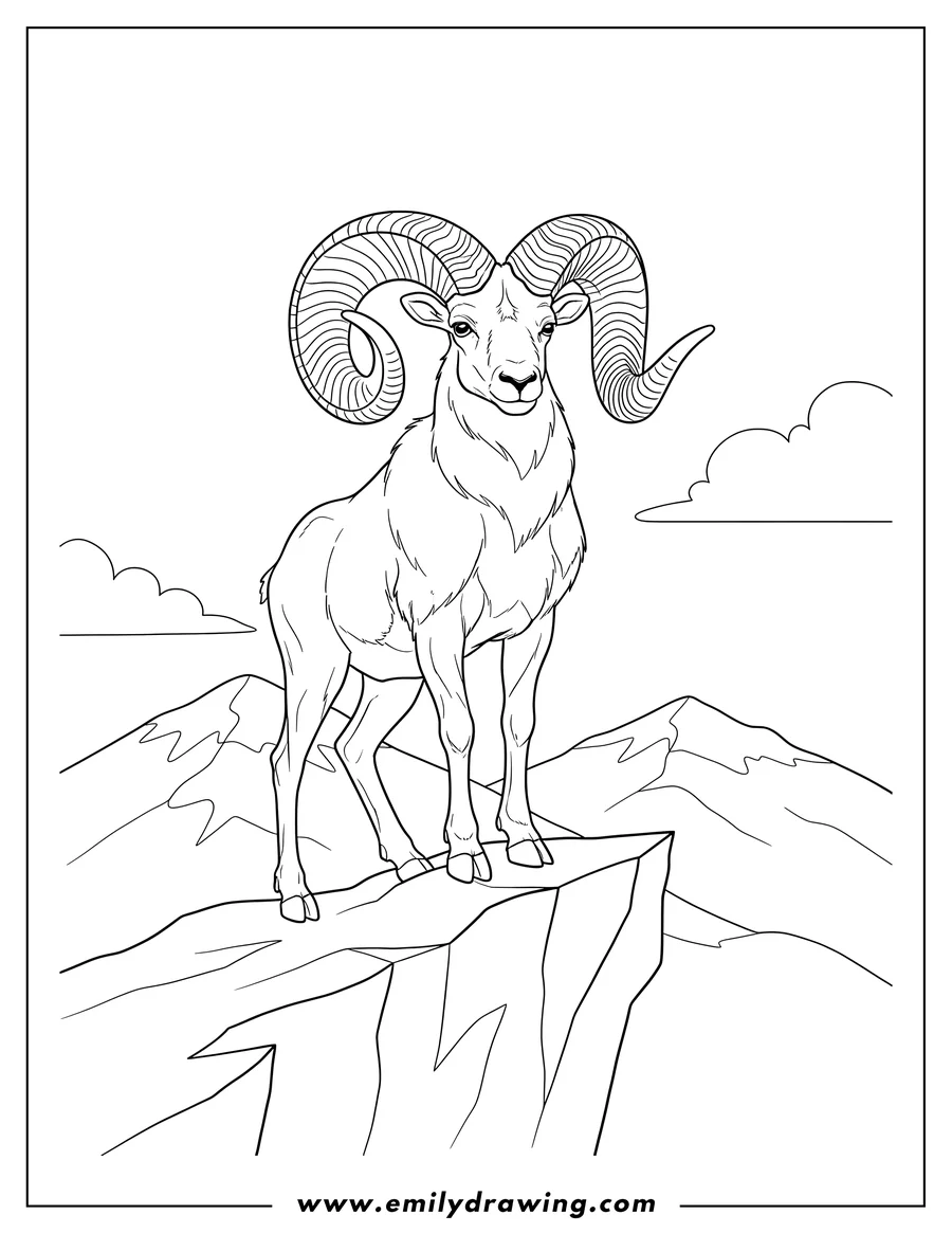 Doodle style coloring picture of majestic Bighorn Sheep Ram with curled horns standing on a cliffside